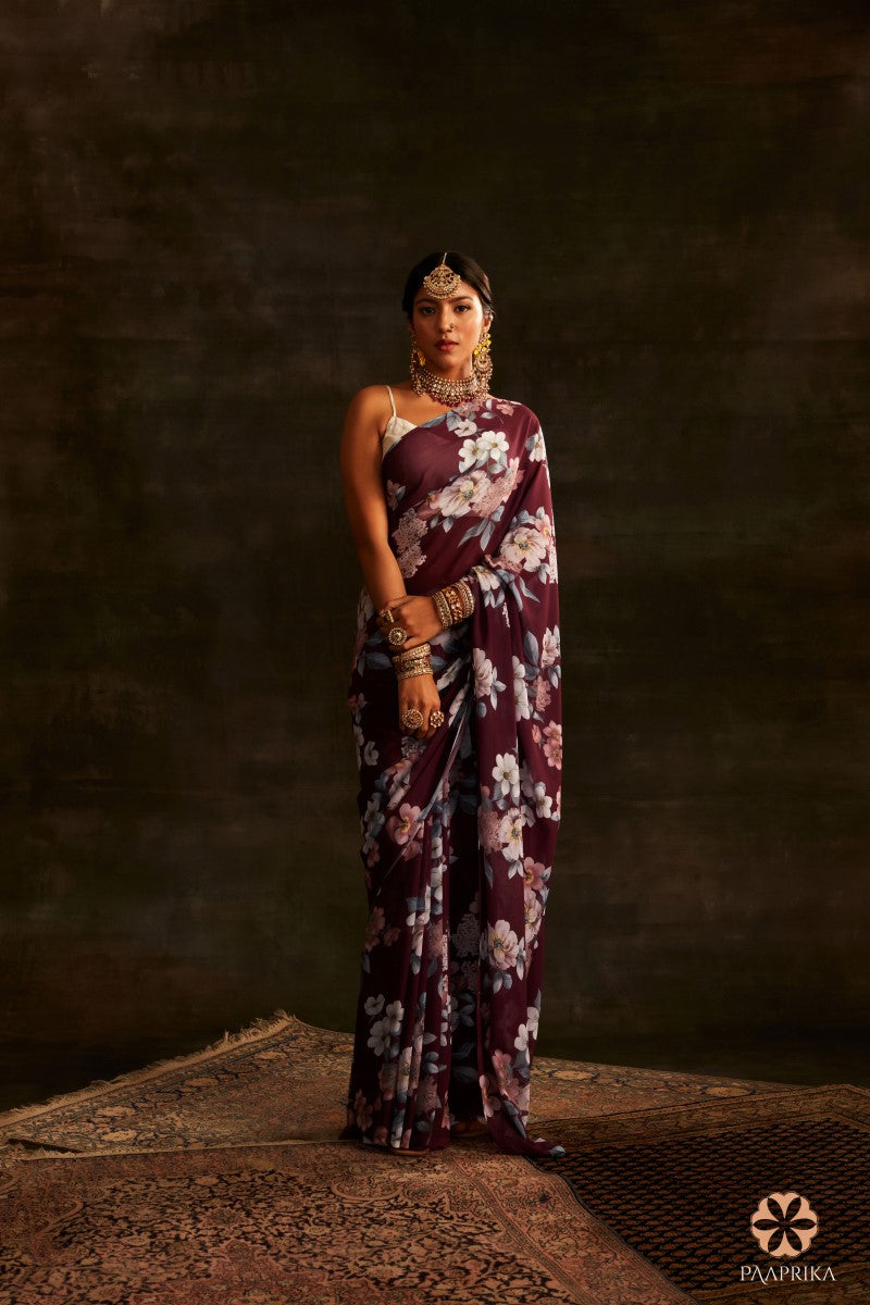 Chic Dark Magenta Floral Printed Georgette Saree, effortlessly stylish with a touch of floral grace.