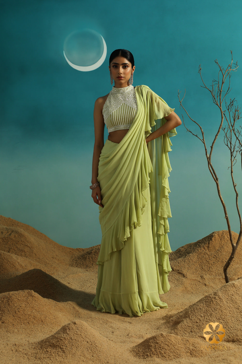 Pastel Mint Green Georgette Ruffle Saree with Embroidered Blouse - Pre-Stitched