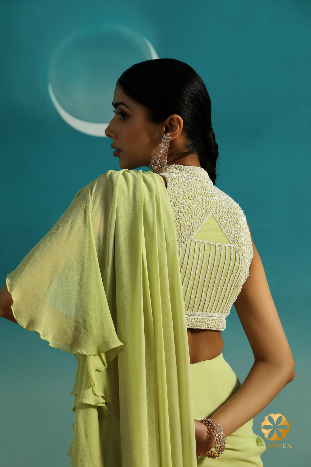 Pastel Mint Green Georgette Ruffle Saree with Embroidered Blouse - Pre-Stitched