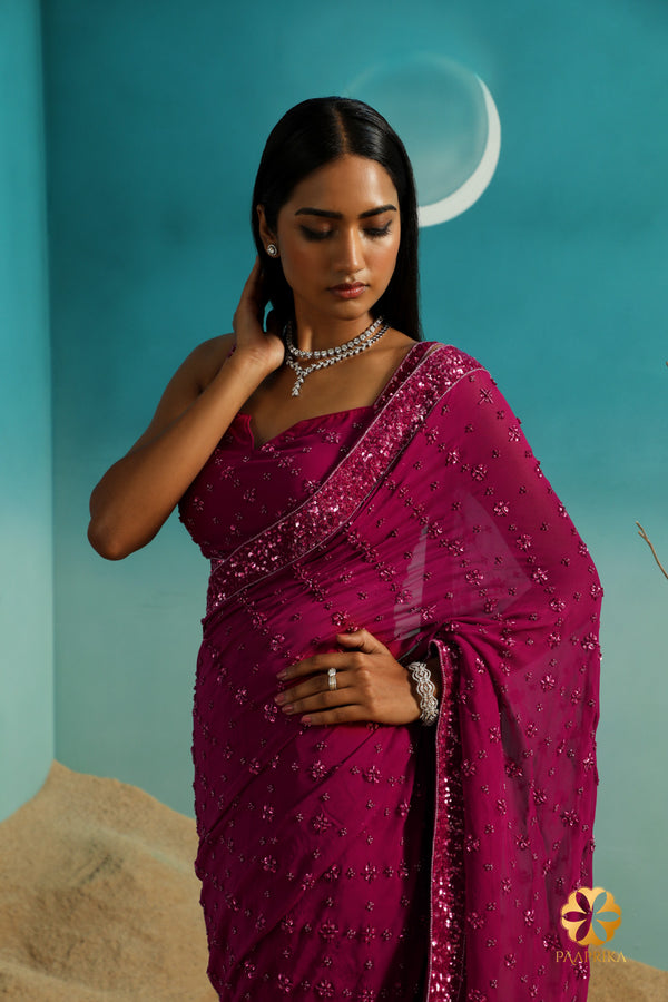 Deep Magenta Pink Shade Georgette Saree with Hand Embroidered Blouse