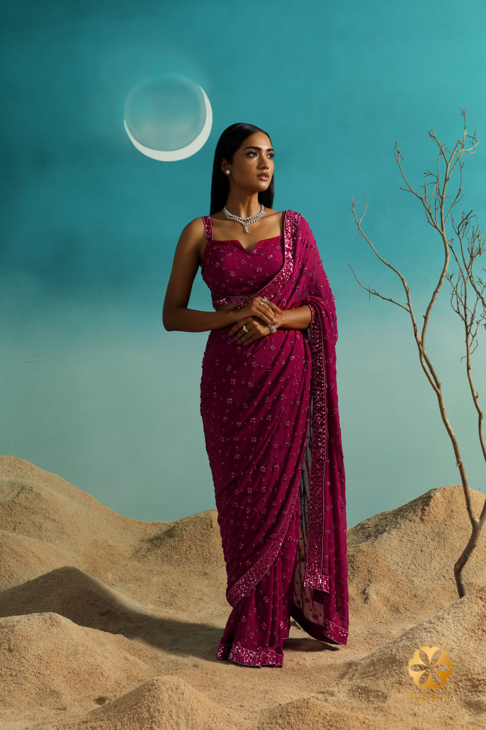 Deep Magenta Pink Shade Georgette Saree with Hand Embroidered Blouse