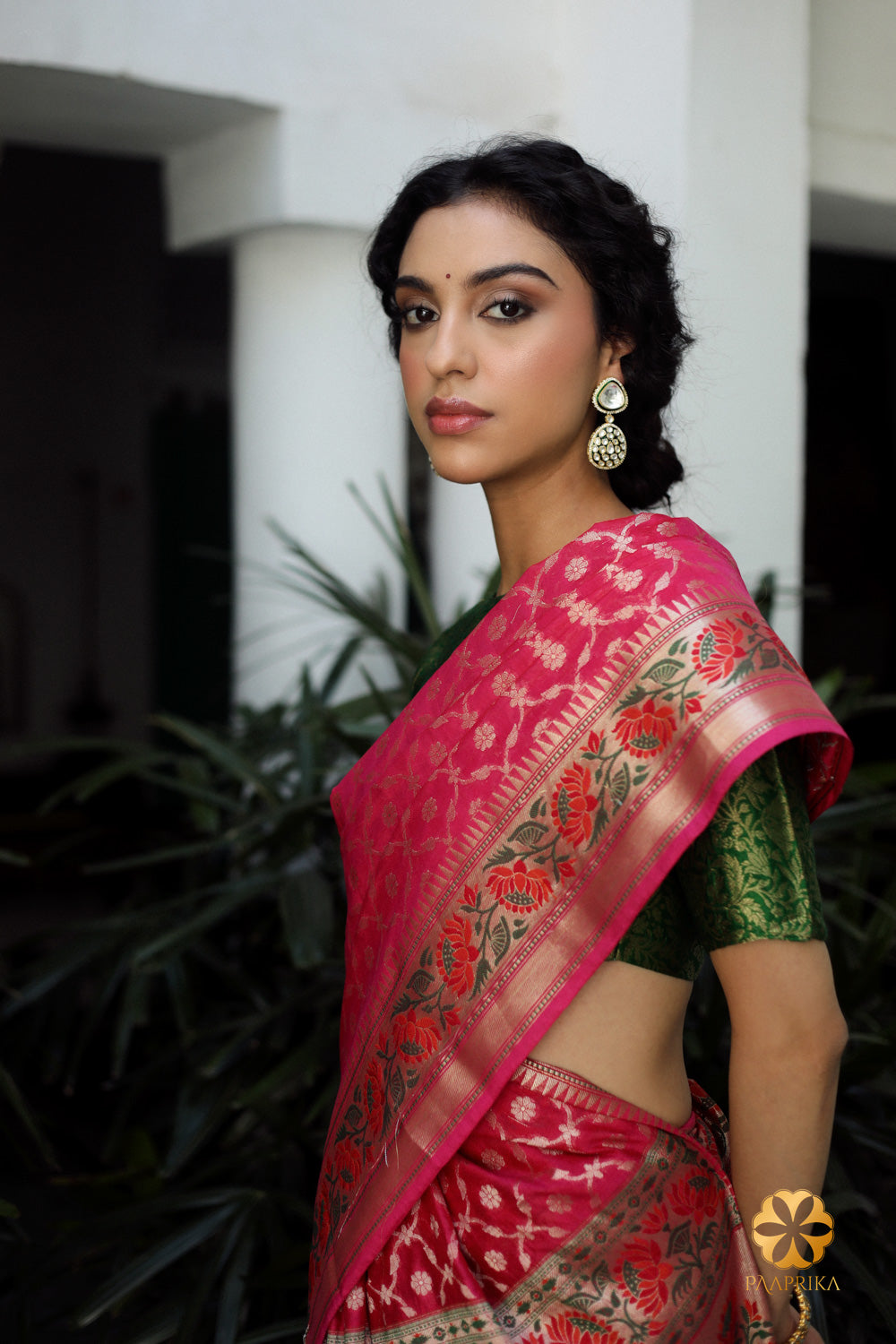 Pink  Banaras Handwoven Cotton Silk Saree with Intricate Jaal Design