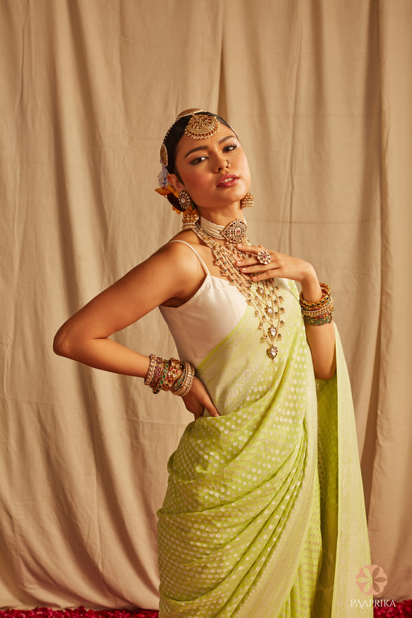 Pastel Lightgreen Pure Khaddi Georgette Banarasi Handloom Kadhua Saree With Silver Zari Allover