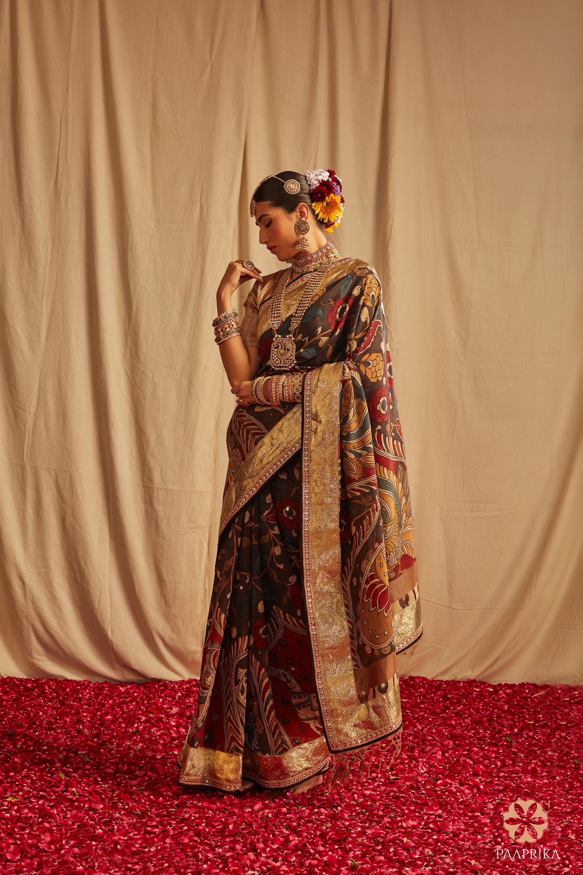 Multicoloured Dual Ganesha Hand-Painted Chennur Silk Kalamkari Saree –  Fashionous