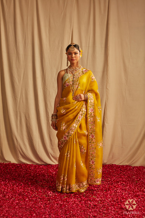 Yellow Organza Floral Embroidered Saree