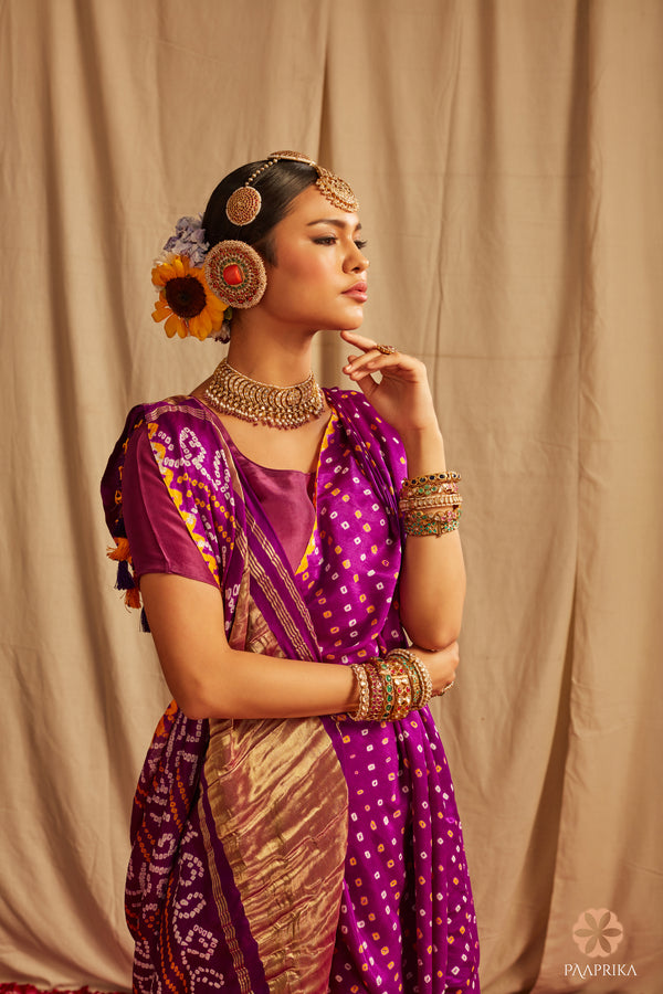 Purple Handcrafted Bandhej  Silk Saree Set With Lagdi Patta Palla