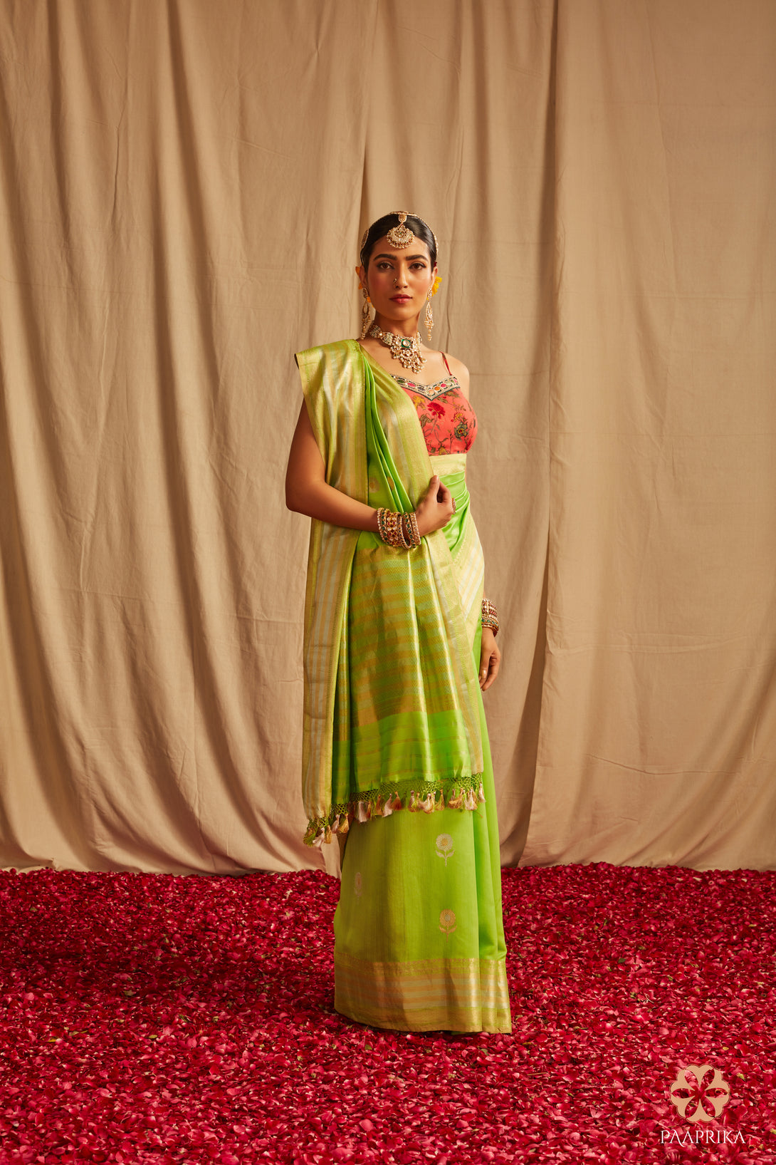 lime green spun silk saree with contrast pink blouse