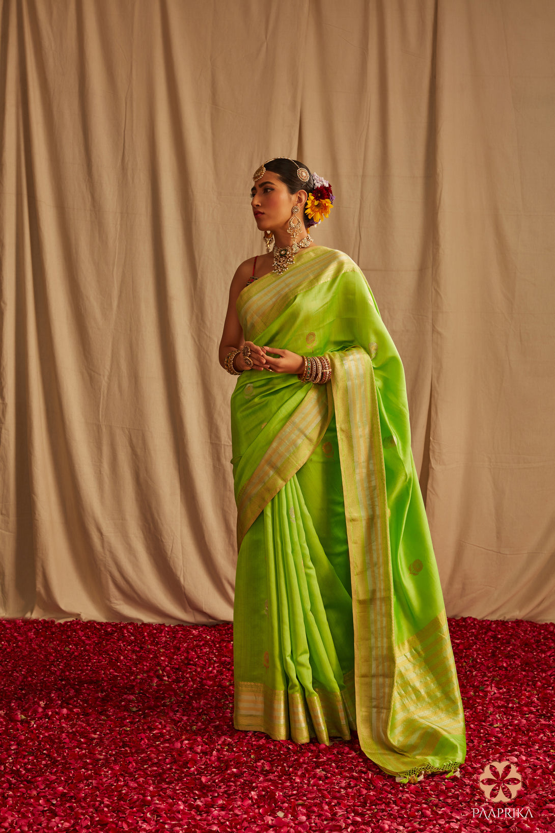 lime green spun silk saree with contrast pink blouse