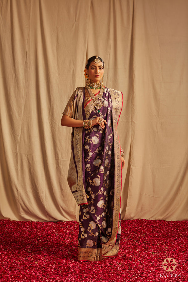 Violet Banarasi Silk Saree with Red Selvedge