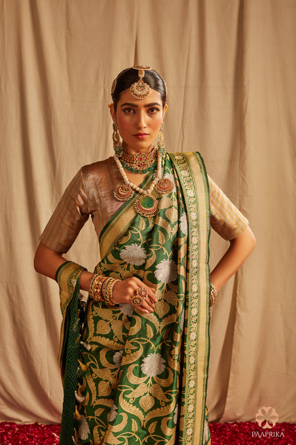 Emerald Green Handloom Banarasi Saree With Mughal Mehraab Jaal
