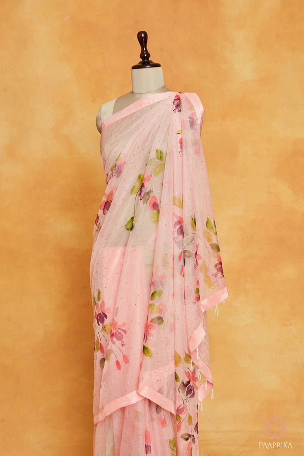 Pastel Pink Handpainted Organza Saree With Mukaish Embroidery